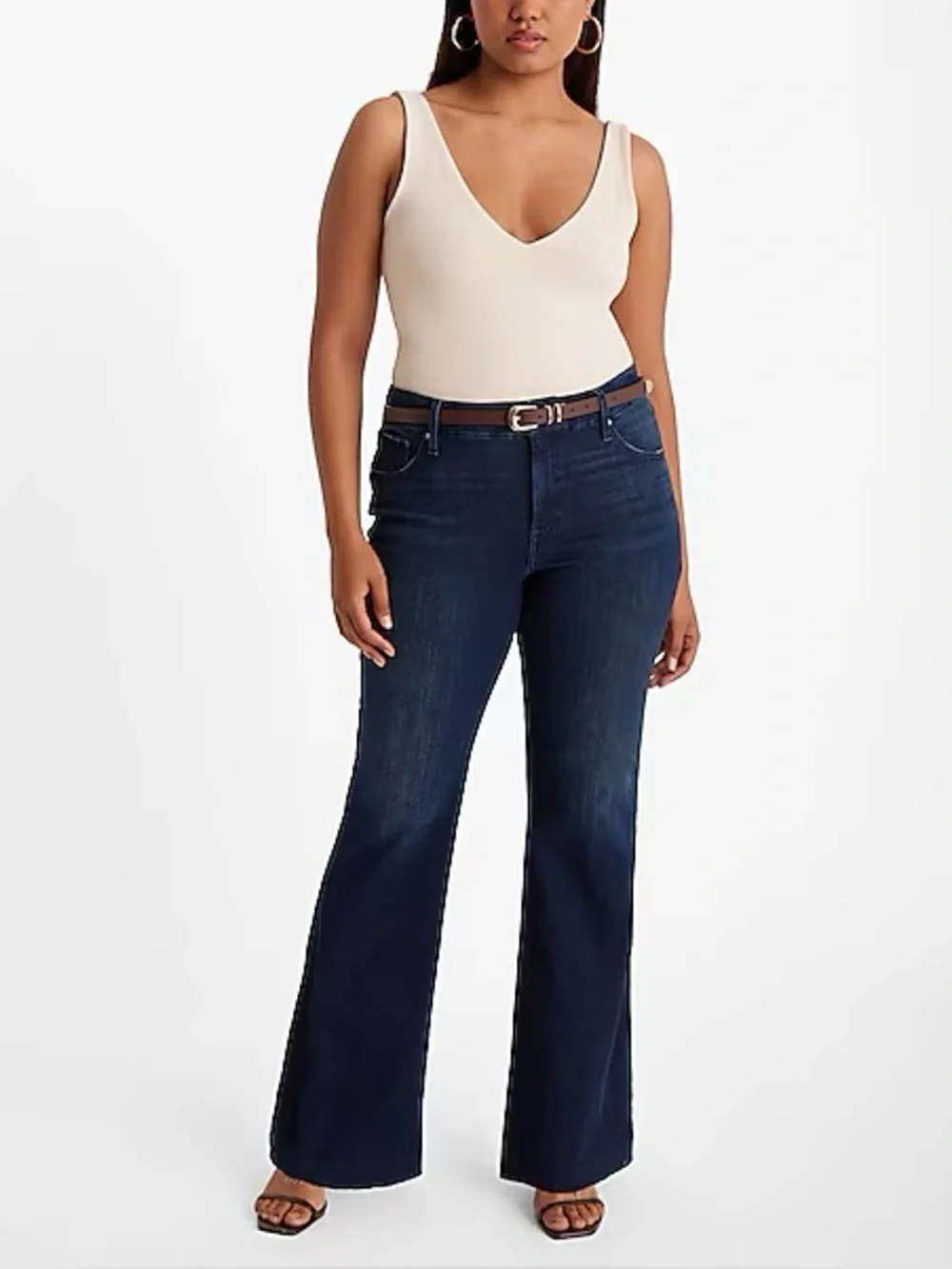 Express 70s Flare Jeans Women’s Large 12/14/16 Mid Rise FlexX Hyper Stretch Raw